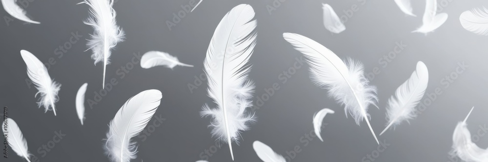 Ethereal white feathers floating, black and white contrast, dreamy atmosphere, soft focus, monochromatic, gentle movement, lightweight textures, abstract background, falling plumes, peaceful mood, min Ethereal white feathers floating, black and white contrast, dreamy atmosphere, soft focus, monochromatic, gentle movement, lightweight textures, abstract background, falling plumes, peaceful mood, min