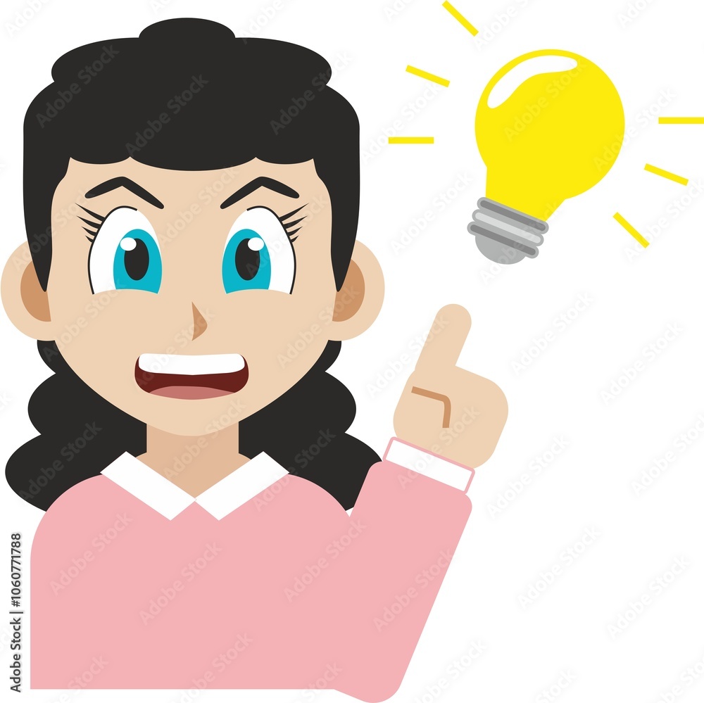 Manga style illustration of a smiling and creative young woman isolated on white background. Concept of ideas brainstorming and creativity Manga style illustration of a smiling and creative young woman isolated on white background. Concept of ideas brainstorming and creativity