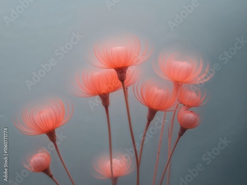 neon pastel orange flowers with a luminous glow on a cool background. #1060771774