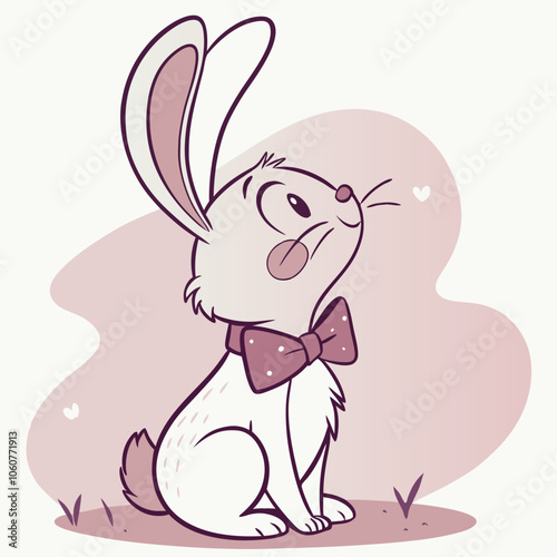 Adorable cartoon rabbit wearing a bow tie and looking up, perfect for children's books, greeting cards, or any project that needs a touch of cuteness.