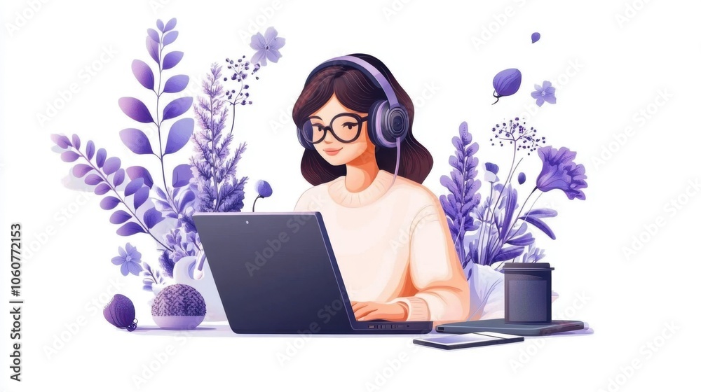 Modern Workspace with Laptop and Headphones Modern Workspace with Laptop and Headphones