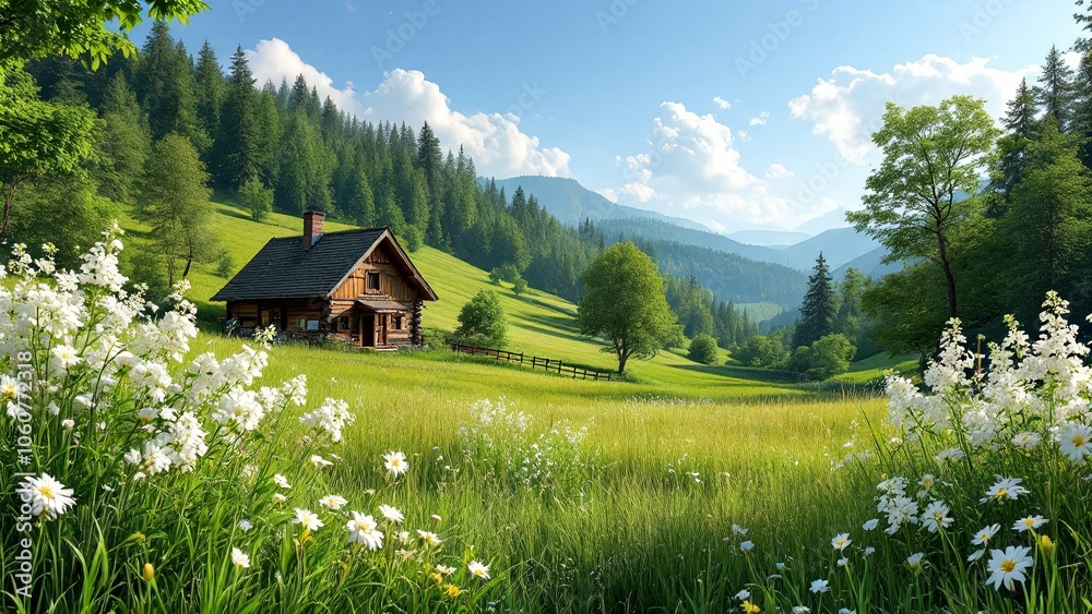 Fototapeta premium Rustic cabin in a scenic mountain meadow with wildflowers and forested landscape