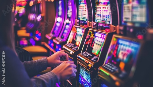 Close-up of a person engaged in playing a slot machine at a vibrant casino