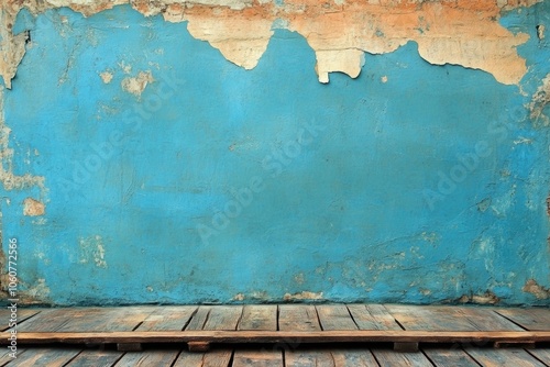 A weathered blue wall with peeling paint,  creating a rustic background.  The wooden floor adds to the vintage aesthetic.
