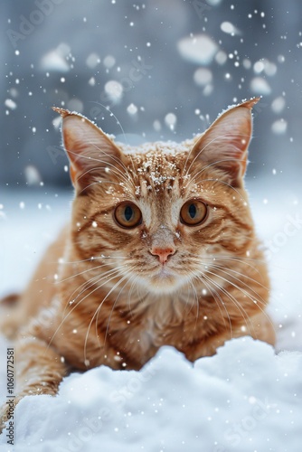 Ginger Cat in Winter Snowfall