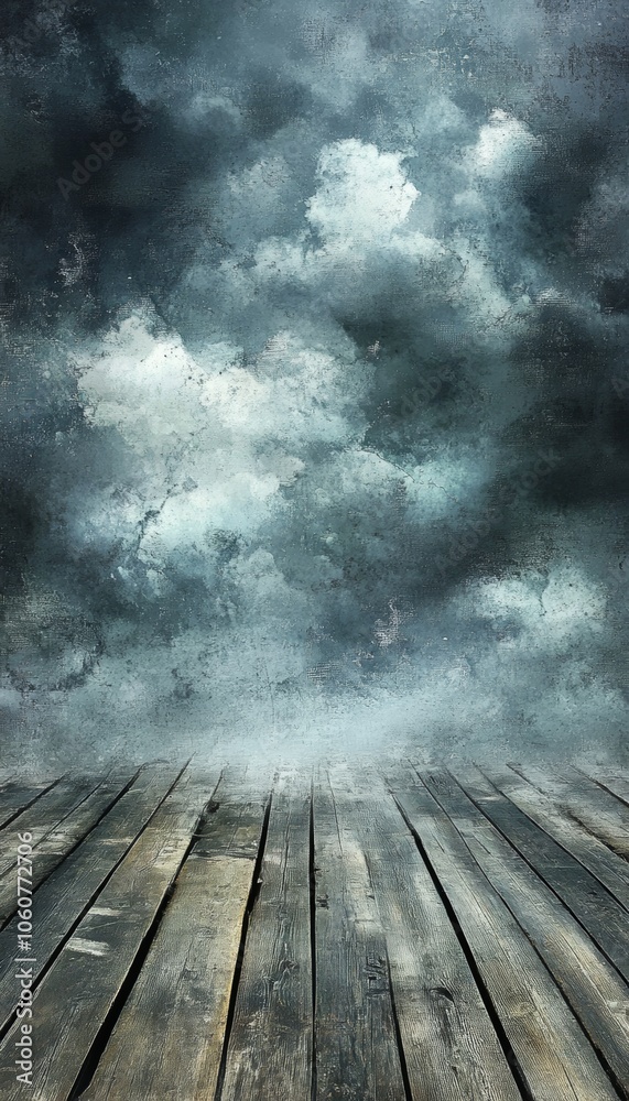 A dramatic, moody sky above a weathered wooden floor. A dramatic, moody sky above a weathered wooden floor.