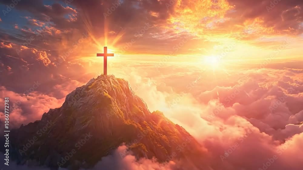 A cross stands atop a mountain, illuminated by sunrise, symbolizing faith, hope, and spiritual ascension above a sea of clouds.