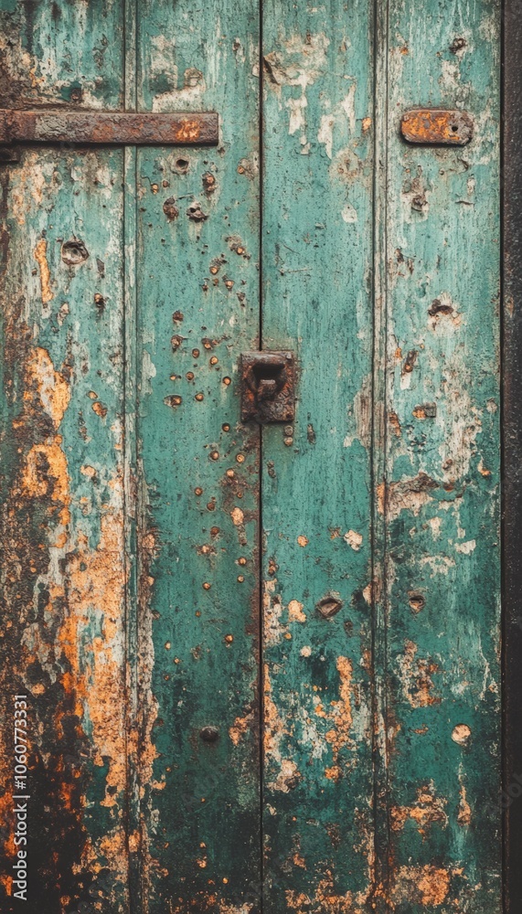 Weathered wooden door with peeling teal paint and rusty hardware. Weathered wooden door with peeling teal paint and rusty hardware.