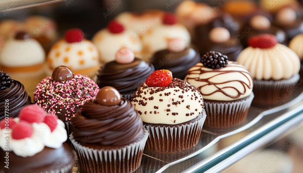 Deliciously decorated small cakes on display at a vibrant patisserie counter Deliciously decorated small cakes on display at a vibrant patisserie counter