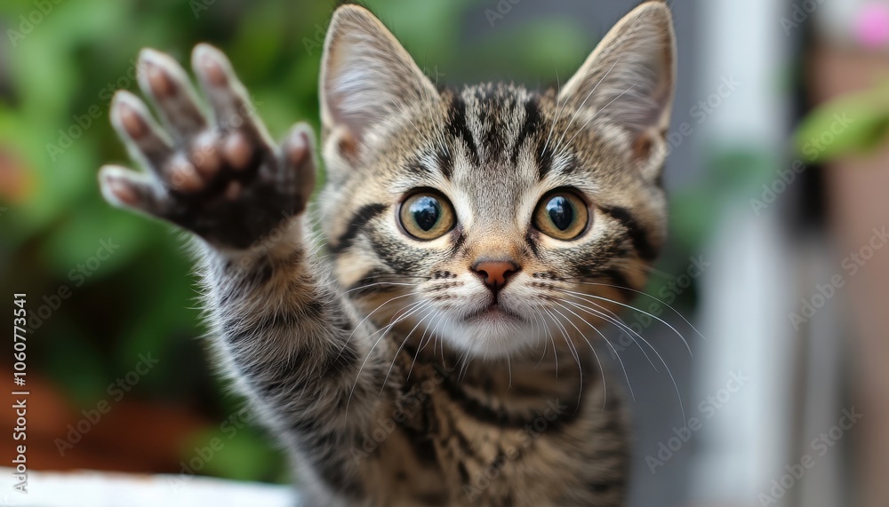 A playful cat offers a high five in a lively garden setting A playful cat offers a high five in a lively garden setting