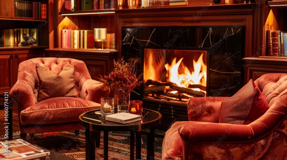 Two velvet armchairs flanking a burning fireplace in a cozy living room with wooden bookshelves create a warm and inviting atmosphere Two velvet armchairs flanking a burning fireplace in a cozy living room with wooden bookshelves create a warm and inviting atmosphere