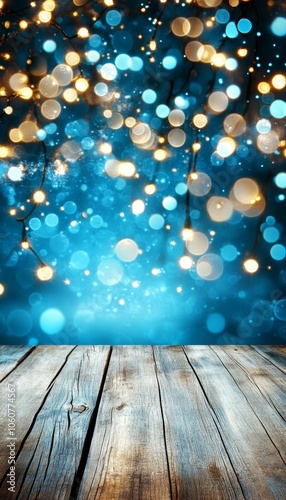 Warm string lights illuminate a rustic wooden table with a sparkling blue backdrop.