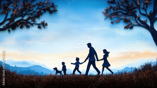 Family Walking in Nature with Dog and Paper Cut Art