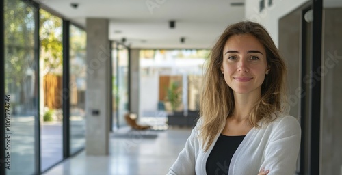A Confident Woman Standing in a Modern House with Large Windows Free Download A Confident Woman Standing in a Modern House with Large Windows - GFXLoad