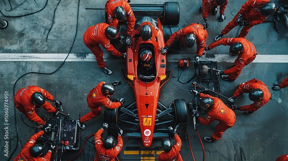 Naklejka premium Pit Crew Working on Red Race Car During a Pit Stop