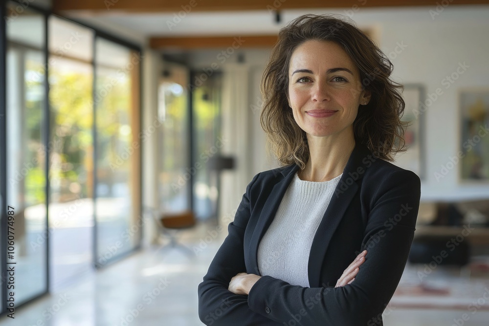 Confident Woman in Black Blazer with Arms Crossed in a Modern Home Interior Confident Woman in Black Blazer with Arms Crossed in a Modern Home Interior