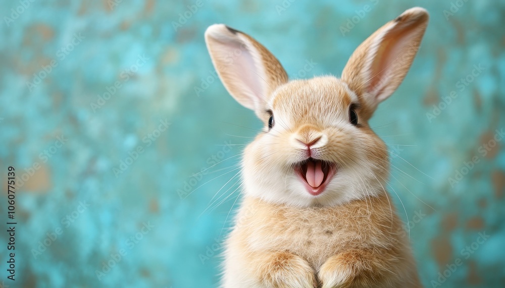 Fototapeta premium Joyful white bunny on a colorful background for Easter celebrations