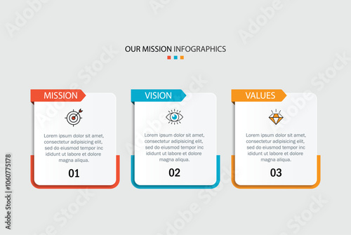 Mission, vision, values, graphic design template.eps 10 on white background, Can be used for presentation workflow layout, banner, process, diagram, flowchart, infographic, annual report.