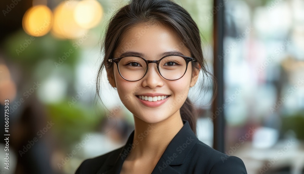 Smiling Thai woman in glasses holds a mobile phone against a blurred background Smiling Thai woman in glasses holds a mobile phone against a blurred background