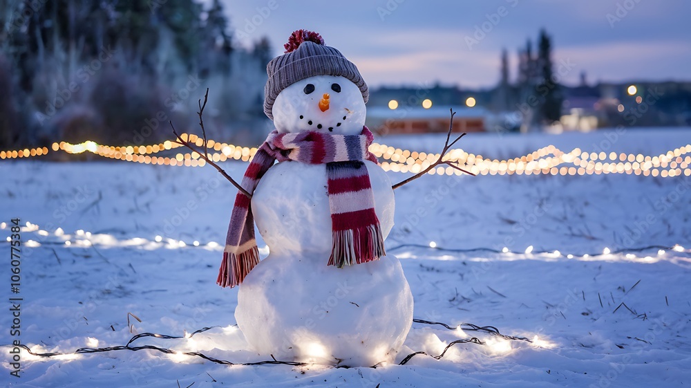 Obraz premium A snowman wearing a gray knitted hat and red and white striped scarf, standing in the snow with a string of lights around it.