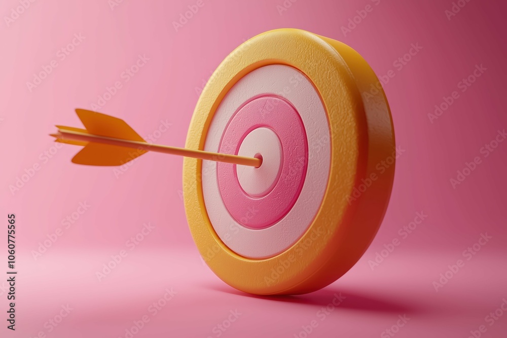 Pink target hit dead center by orange-fletched arrow

