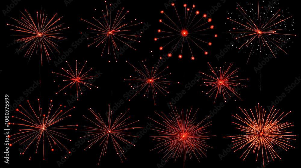Fototapeta premium Bright red fireworks on black night sky