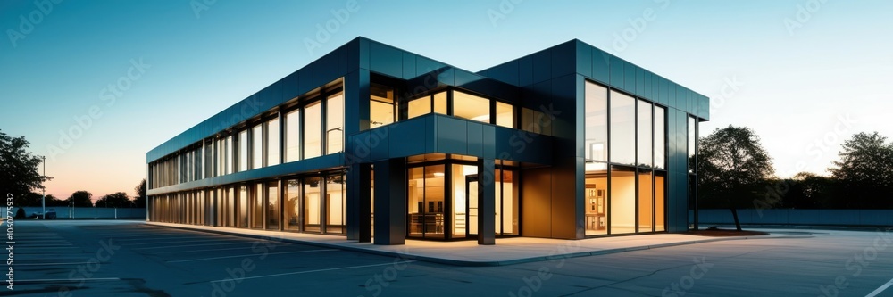 Modern industrial building, glass facade, illuminated interior, dusk lighting, blue sky, architectural photography, clean lines, minimalist design, commercial property, wide-angle shot, empty parking Modern industrial building, glass facade, illuminated interior, dusk lighting, blue sky, architectural photography, clean lines, minimalist design, commercial property, wide-angle shot, empty parking