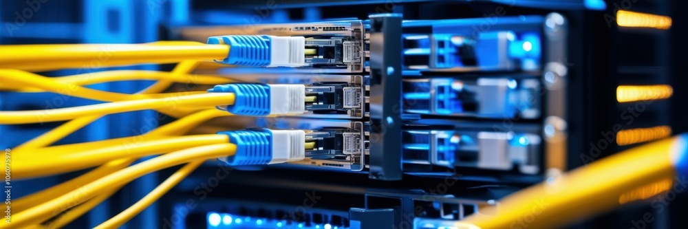 Network switch, fiber optic cables, blinking LED lights, data center equipment, close-up, vibrant colors, blue and yellow illumination, high-tech infrastructure, telecommunications, connectivity, band Network switch, fiber optic cables, blinking LED lights, data center equipment, close-up, vibrant colors, blue and yellow illumination, high-tech infrastructure, telecommunications, connectivity, band