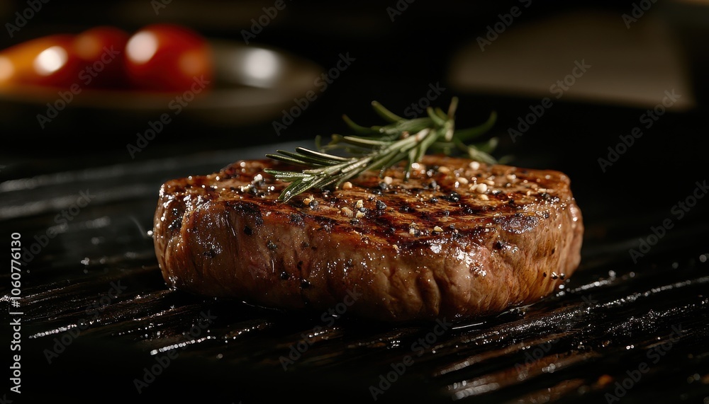 Juicy grilled beef steak garnished with rosemary and spices on a dark surface Juicy grilled beef steak garnished with rosemary and spices on a dark surface