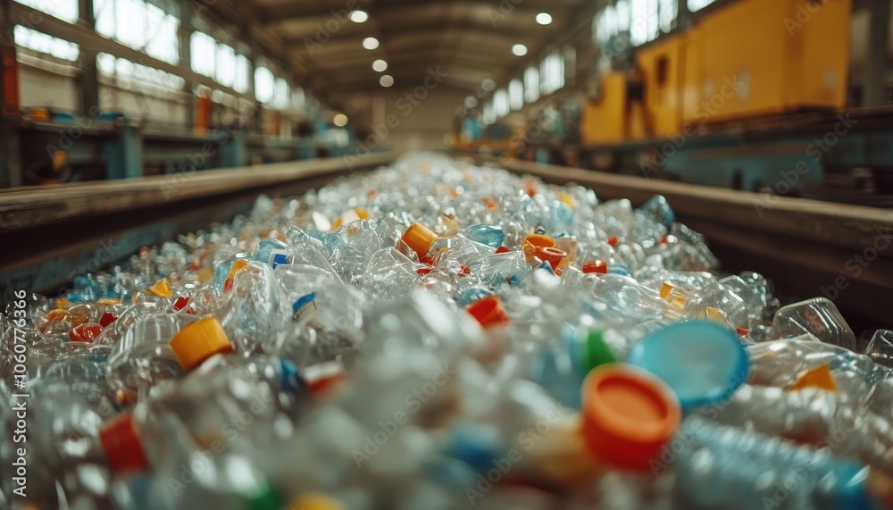 Recycling machine sorting plastic waste in a factory with conveyor belts in operation Recycling machine sorting plastic waste in a factory with conveyor belts in operation