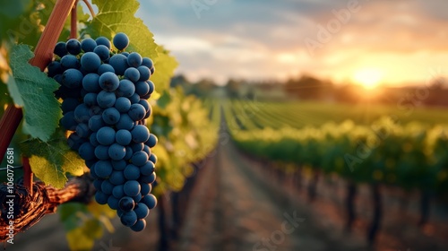 A vibrant vineyard at sunset with ripe grapes on the vine, capturing the essence of winemaking and nature's beauty. photo