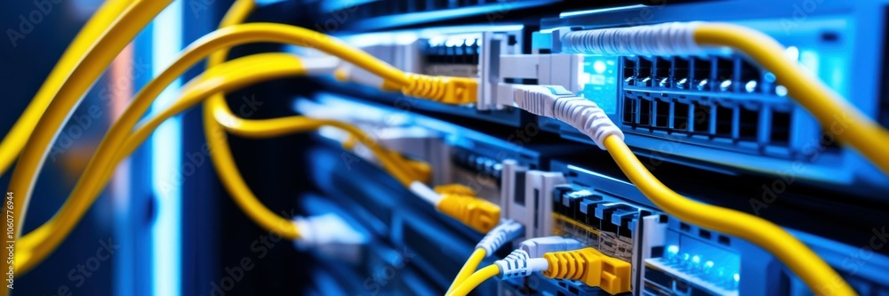 Network switch, fiber optic cables, blinking LED lights, data center equipment, close-up, vibrant colors, blue and yellow illumination, high-tech infrastructure, telecommunications, connectivity, band