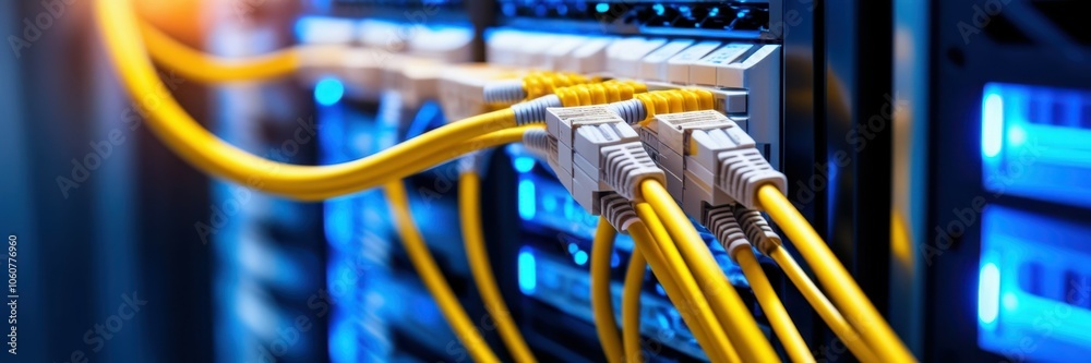Network switch, fiber optic cables, blinking LED lights, data center equipment, close-up, vibrant colors, blue and yellow illumination, high-tech infrastructure, telecommunications, connectivity, band Network switch, fiber optic cables, blinking LED lights, data center equipment, close-up, vibrant colors, blue and yellow illumination, high-tech infrastructure, telecommunications, connectivity, band