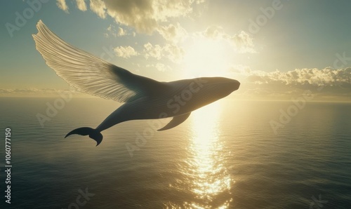Silhouette of whale leaping over ocean at sunset.