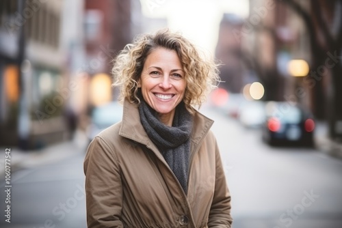 Portrait of a beautiful middle aged woman smiling in a city street