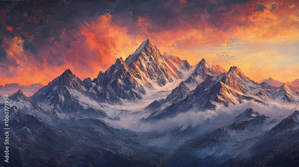 Obraz premium A majestic mountain range, snow-capped peaks, and a vibrant orange and pink sunset sky.