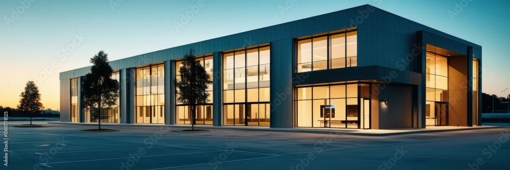 Obraz premium Modern industrial building, glass facade, illuminated interior, dusk lighting, blue sky, architectural photography, clean lines, minimalist design, commercial property, wide-angle shot, empty parking 