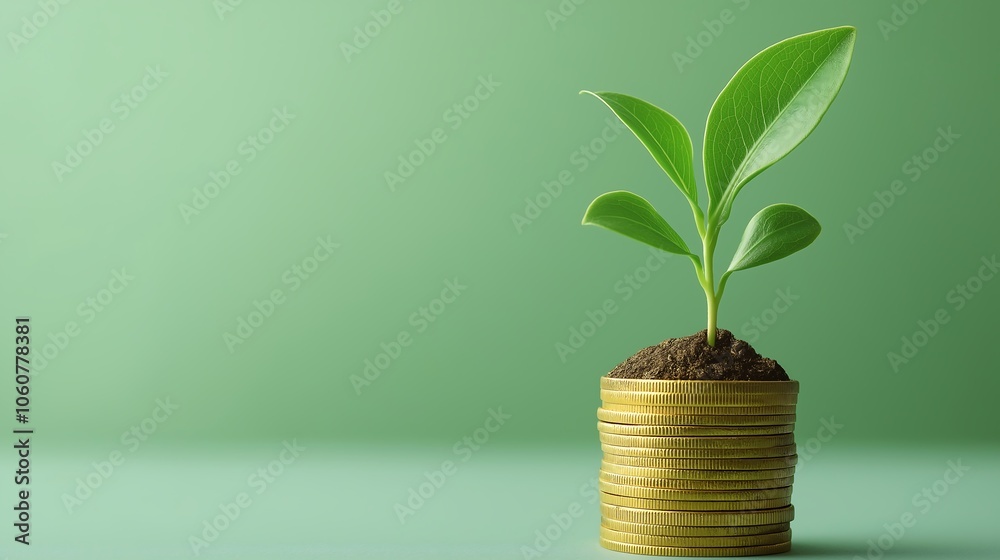 Plant growing from coins with copy space. Asset banner. Plant growing from coins with copy space. Asset banner.