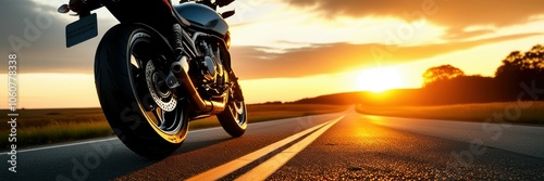 Motorcycle on road at sunset, dramatic sky, golden hour lighting, silhouette, powerful bike, freedom, adventure, panoramic view, empty highway, cinematic, high contrast, dynamic composition, lens flar