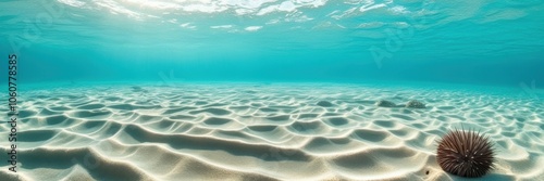 Underwater seascape, crystal clear turquoise water, sandy ocean floor, sea urchin, rippling sunlight, shallow tropical sea, serene underwater scene, high resolution, photorealistic, wide-angle view, n