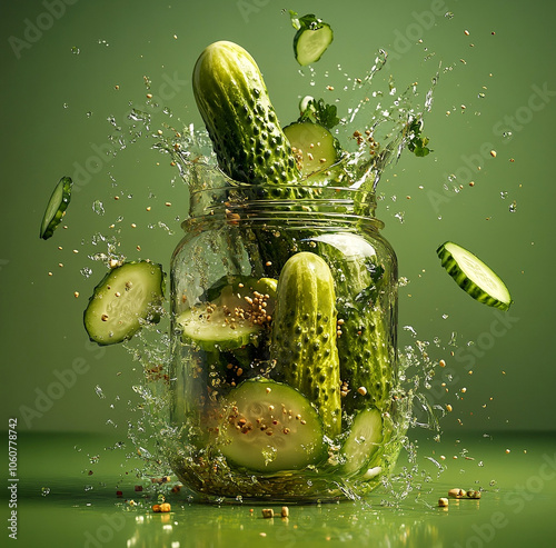 Green pickles splashing into a pickle Jar 