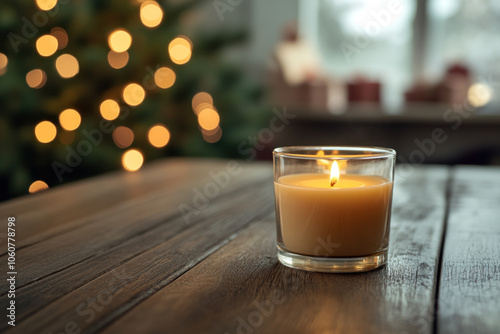 A candle on a table with a Christmas tree in the background.