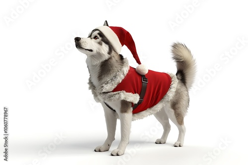 Photorealistic Siberian Husky in Santa Outfit on white background photo