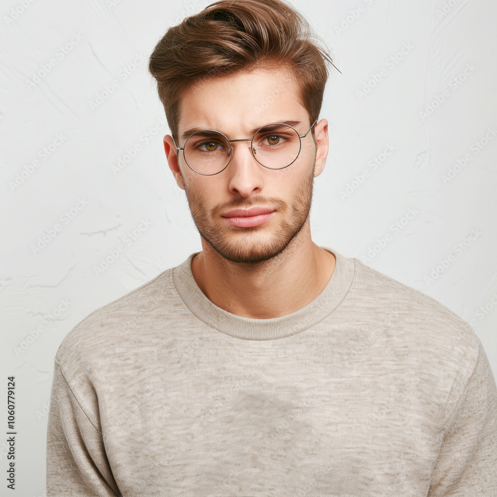 Handsome man wearing glasses and beige sweater
Handsome man wearing glasses and beige sweater