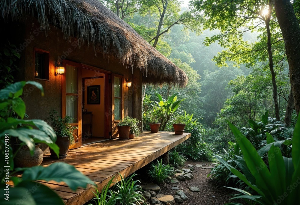 Cozy cabin surrounded by lush greenery and natural light. Cozy cabin surrounded by lush greenery and natural light.