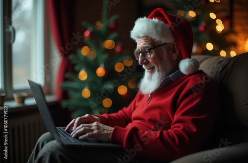 Christmas shopping online. An elderly man uses a laptop to shop online and buy gifts for Christmas and New Year.