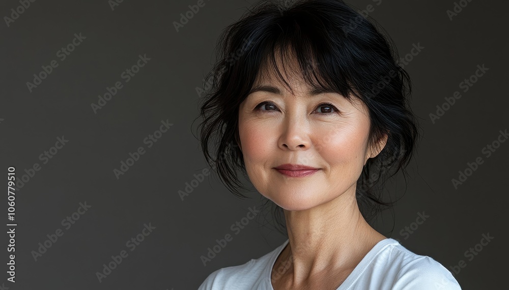 Joyful Asian woman in white pajama smiling at the camera with a solid background Joyful Asian woman in white pajama smiling at the camera with a solid background