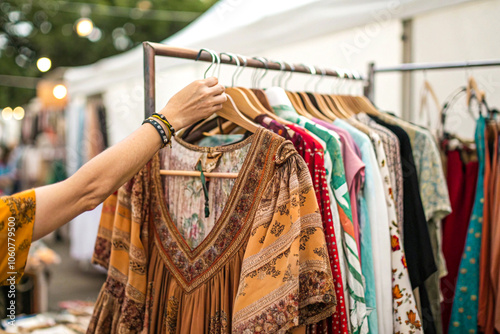Close-Up of a Hand Browsing Vintage Clothing at a Flea Market, Exploring Textures and Colors of Secondhand Fashion