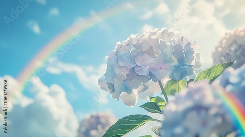 Hydrangea Flowers in the Sky with Rainbow. AI generated illustration.