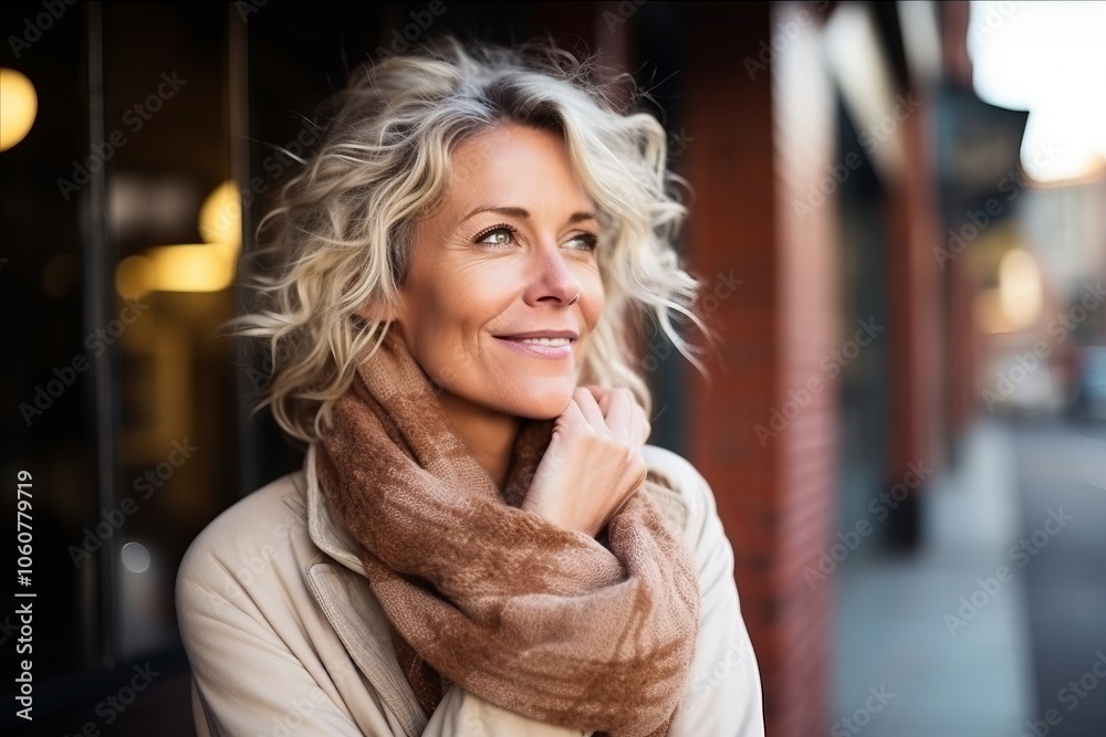 Portrait of a beautiful middle aged woman wearing scarf and coat in the city Portrait of a beautiful middle aged woman wearing scarf and coat in the city
